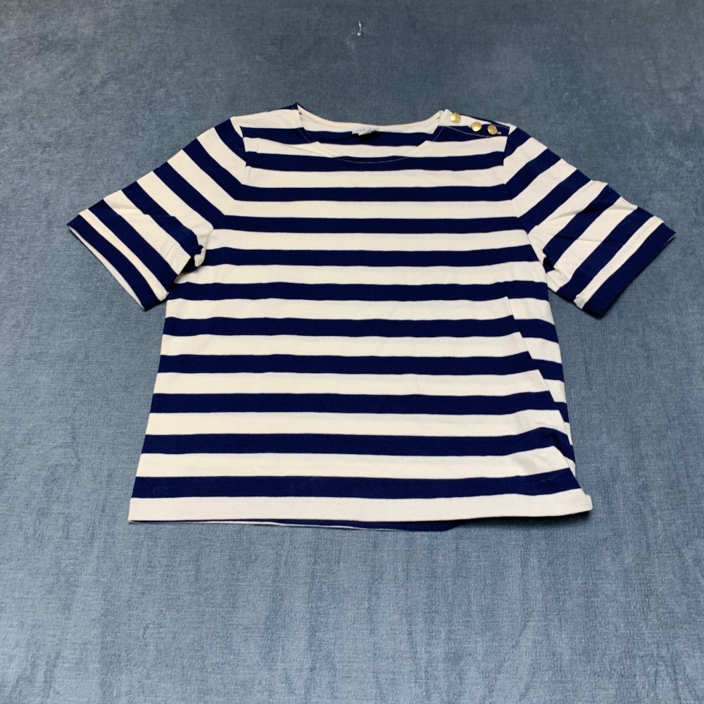 J.Crew T-Shirt Womens Medium Antique Navy Ivory Striped Button-Shoulder Boatneck